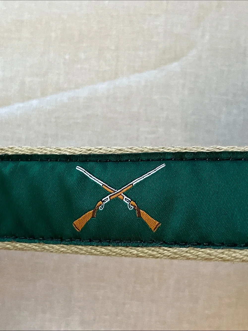 Over and Under Green Dog Ribbon Belt with Crossed Rifles Motif #40/100